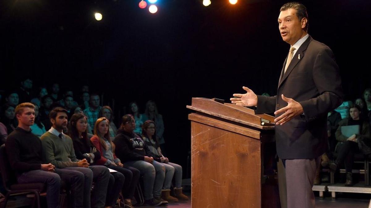 “If you don’t like the direction of your community, of the city, of the state, that’s the reason to register and vote,” California Secretary of State Alex Padilla tells students Thursday, March 10, 2016, at Modesto High School.