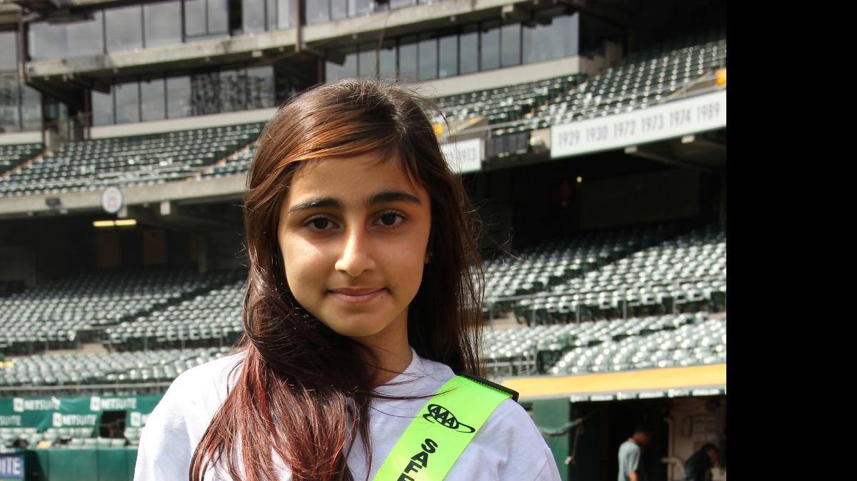 
Sipherd Elementary fifth-grader Angelina Yousif was among school traffic patrol volunteers honored at the Oakland A’s game last week in Oakland. Angelina earned honorable mention as Safety Patroller of the Year for the Central Valley Region of AAA Northern California
