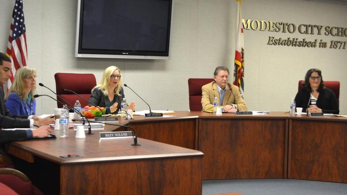 
Modesto City Schools Board interviews candidates to fill a board vacancy in January 2014. Measure F is the first step to have the board switch to by-area elections. 
