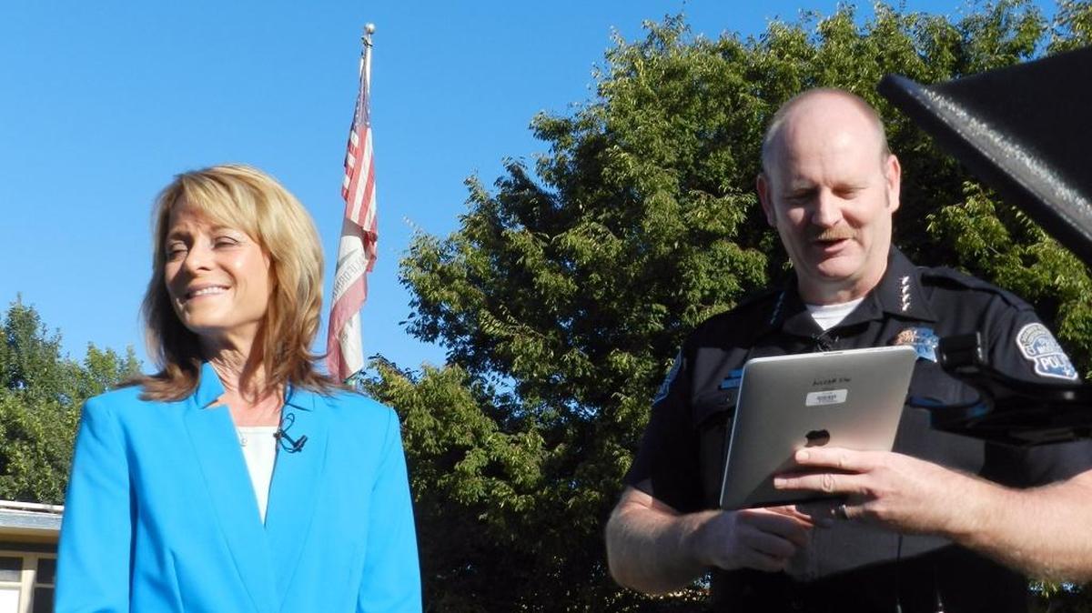 Modesto City Schools Superintendent Pam Able, pictured filming a student safety message with Police Chief Galen Carroll in 2015, announced to her staff on Friday that she will retire in January.