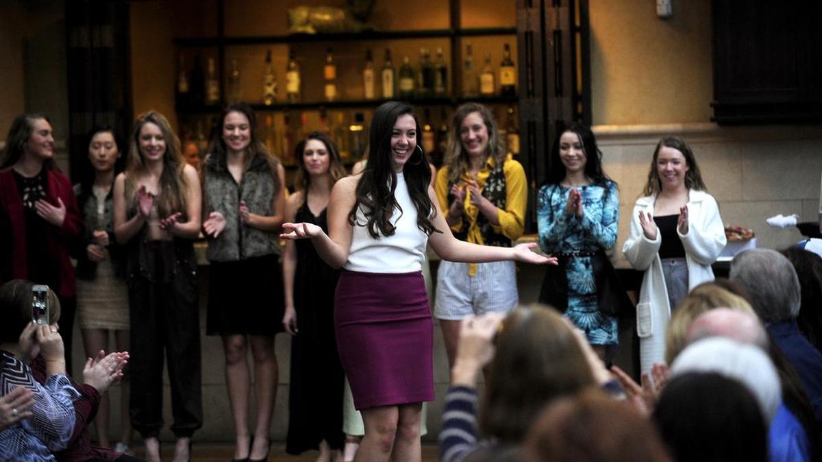 Natalia Cipponeri, 16, of Modesto High, thanks participants and spectators after Sunday’s Fashion with a Re-Purpose” show at Galletto Ristorante.