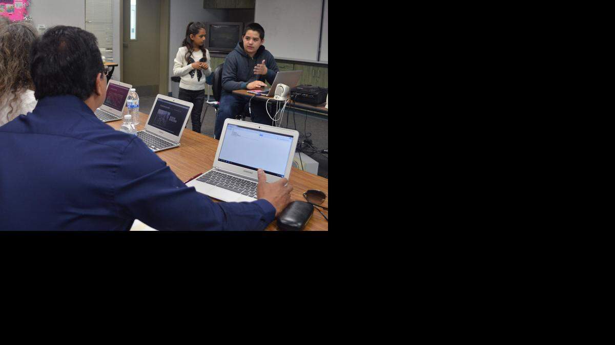 
Isabella Justo and Omar Ortega present their research project website on the Mexican Revolution to judges as part of last school year’s National History Day competition at Creekside Middle School in Patterson.
