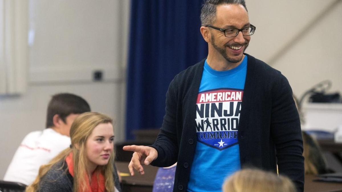 Sam Pierstorff talks to junior high students in the “How to Write Like a Warrior” workshop during the Literary Conference for Kids at Hickman Middle School on Friday, Feb. 5, 2016.