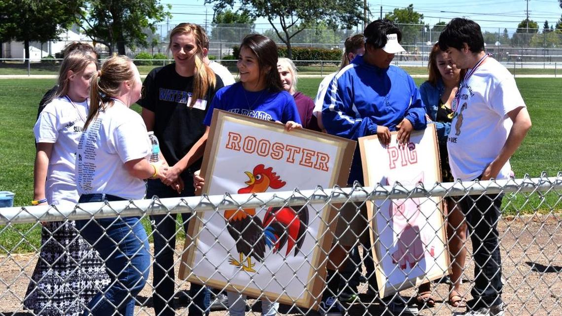 Waterford High leadership students, center, meet the special education athletes they will be working with during Field Day at the campus on (05-12-17), in Waterford, CA.