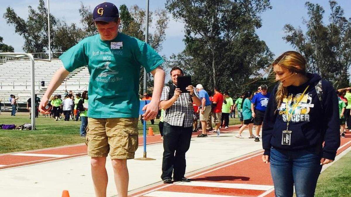 
Gregori High School basketball enthusiast Michael Ferlmann gave the long jump a try at the Modesto City Schools Special Education Track Meet, sponsored by the North Modesto Kiwanis, at Johansen High on Friday.
