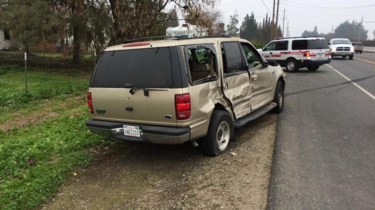 A Ford Expedition was sideswiped by a truck used to collect excrement from portable bathrooms Sunday morning on Highway 132 east of Modesto.