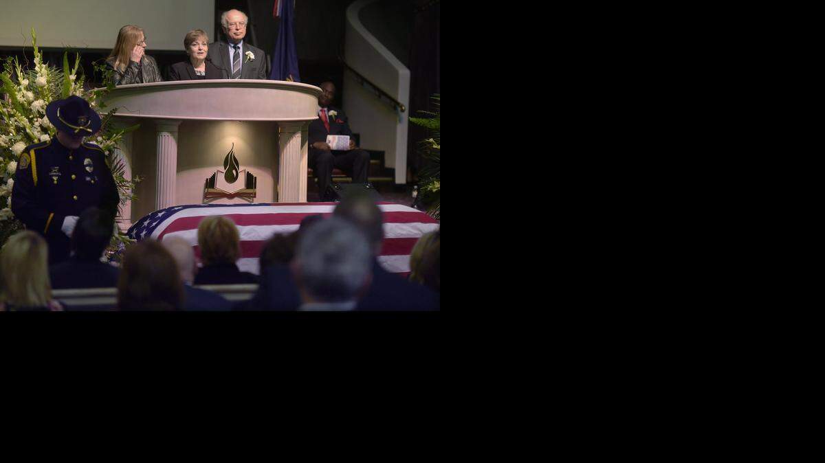 
Sally Cotter, Nancy  Cassiey and Dwight Geer, sisters and brother of David Geer, give a special family tribute at the celebration of life Jan. 8, 2015, held at Revival Center United Pentecostal Church and attended by more than 400 people.
