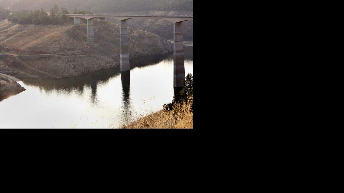 
The water level at New Melones reservoir on the Stanislaus River continues to drop, as evidenced by the exposure of the piers of the Stevenot Bridge on Highway 49.
