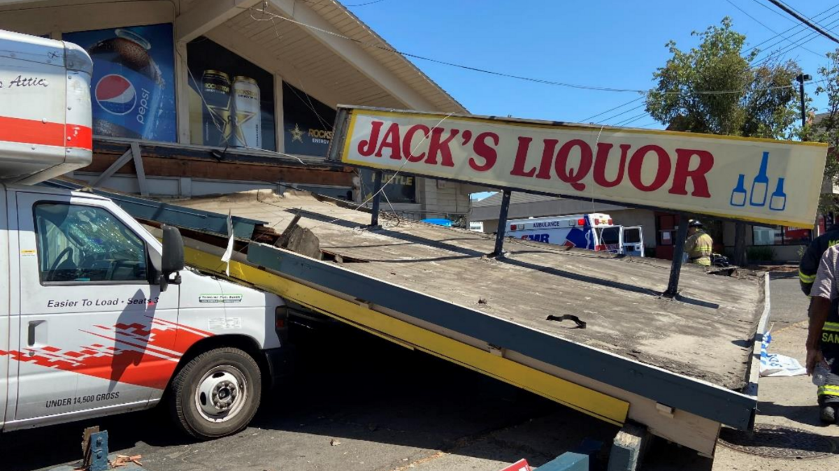 The overhang fell off the Jack’s Liquor store on Oakdale Road after a U-Haul crashed into it on July 27, 2021.