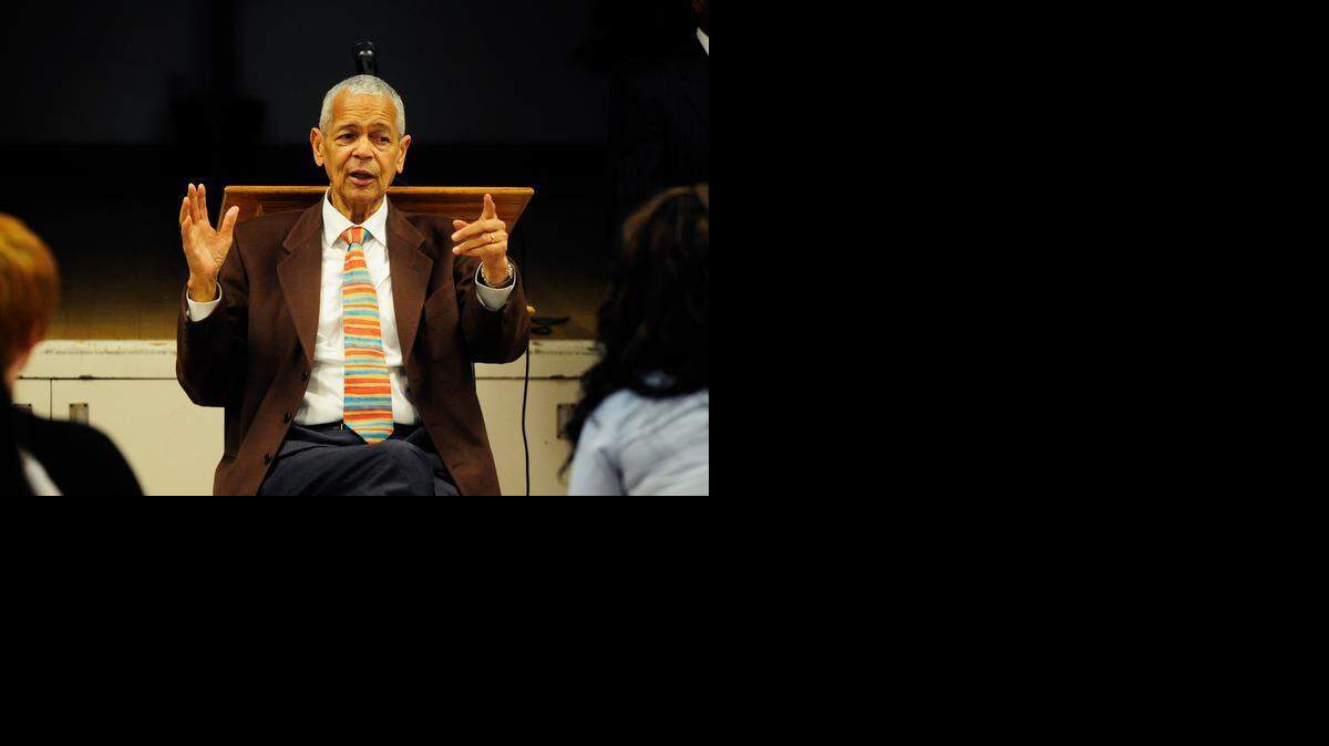 
Renowned civil rights leader Julian Bond answers questions from students at the King-Kennedy Memorial Center before presenting the keynote address for the 21st annual Martin Luther King Jr. Commemoration at Modesto Junior College on Saturday.
