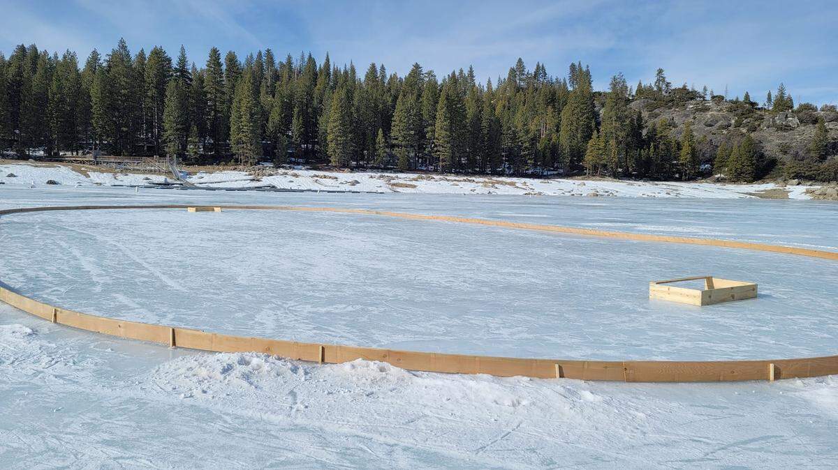 An unauthorized ice rink has appeared on Pinecrest Lake, prompting a warning from the Stanislaus National Forest to stay away on Feb. 17, 2023.