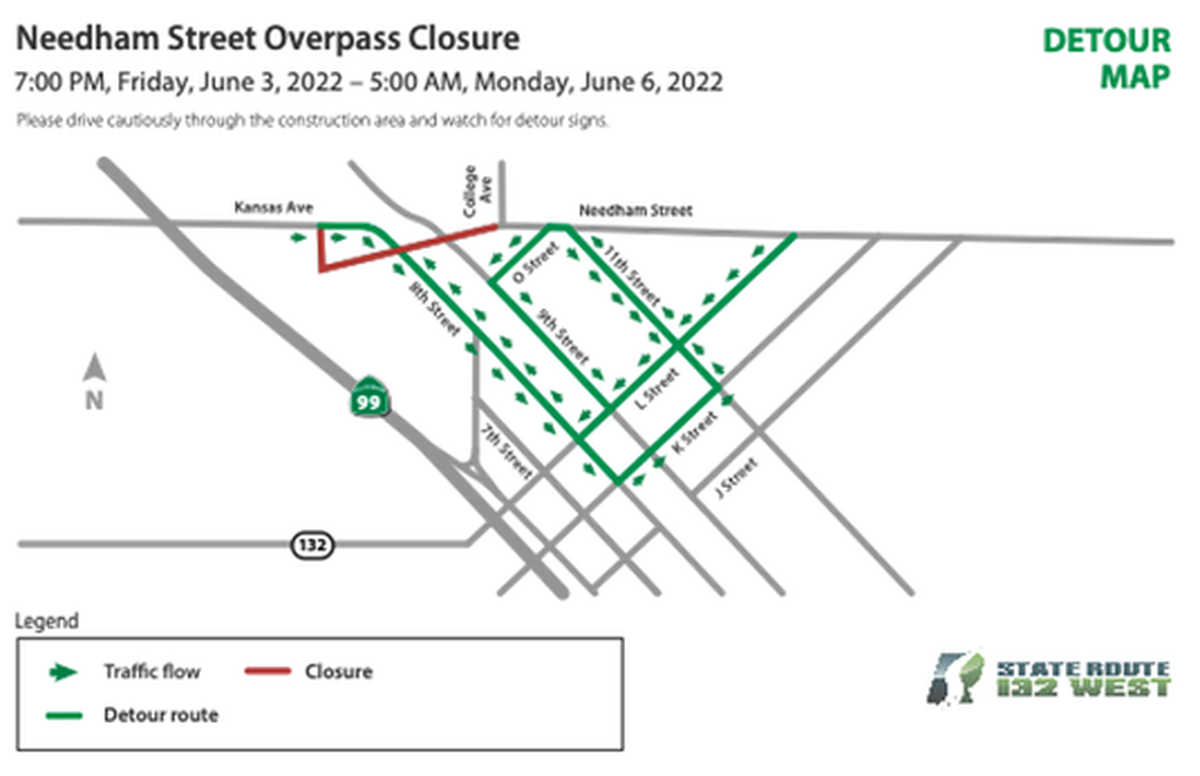 The Needham Street overpass in Modesto will close for 58 hours starting at 7 p.m. June 3, 2022, to aid construction of the new Highway 132 segment.