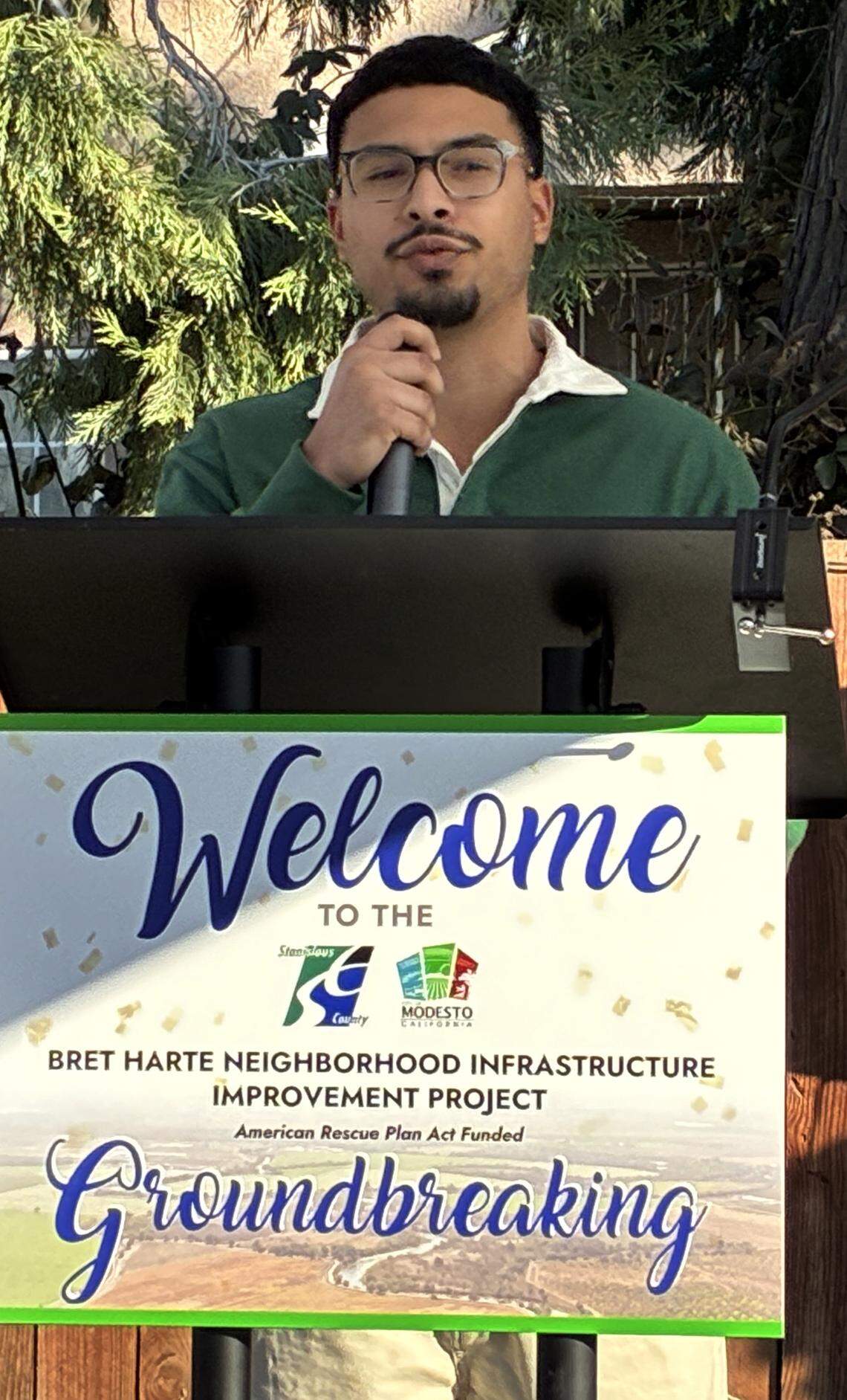 Bret Harte neighborhood resident Brandon Gamboa speaks at the groundbreaking for the infrastructure project Wednesday, Jan. 14, 2026.