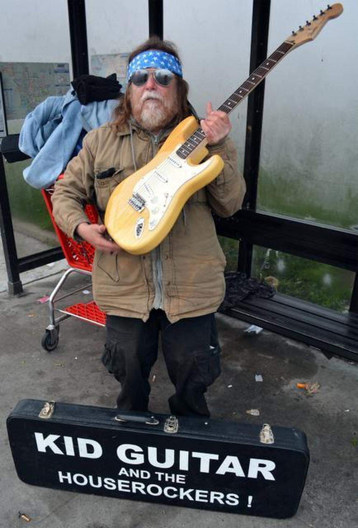 Kid Guitar was Modesto’s longest-reigning street musician, in a career spanning decades. Pictured with his Fender Stratocaster at a bus stop on north McHenry Avenue Jan. 30, 2015.