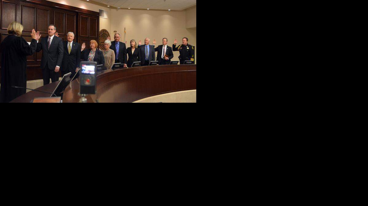 
Stanislaus County officials are sworn in Tuesday morning in the basement chamber of Tenth Street Place in downtown Modesto.
