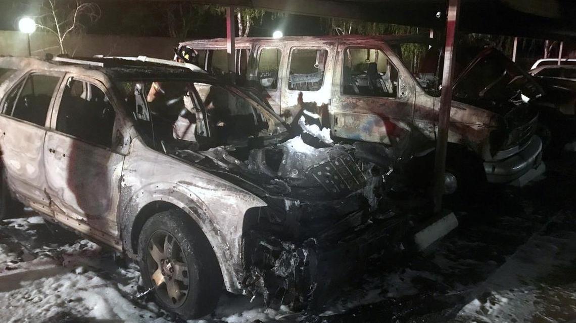 At around 1am this morning Stanislaus Engine 28, Engine 27, and Battalion Chief 2 responded to a vehicle fire in the 400 block of East A Street, in Oakdale, Calif. Engine 28 arrived on scene to find two vehicles fully involved with fire impinging on a third. The vehicles were located under a carport, which sustained fire damage. No cause has been determined at this time, but it is still under investigation.