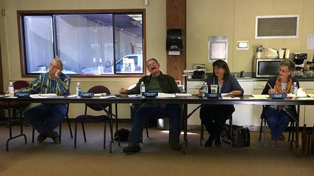 Oakdale Irrigation District board member Gary Osmundson -- who will lose his seat because of a key vote taken Tuesday, April 4, 2017 -- usually sits second from the left and missed today's meeting. Other board members from left to right are Herman Doornenbal, Steve Webb, Linda Santos and Gail Altieri.