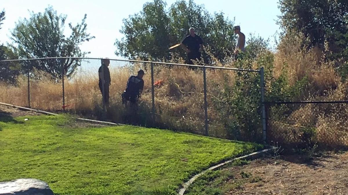 Two young men who jumped a fence at an Oakdale park on Thursday, July 13, 2017, needed the fire department’s help to get back over after they tumbled down a bluff above the Stanislaus River.