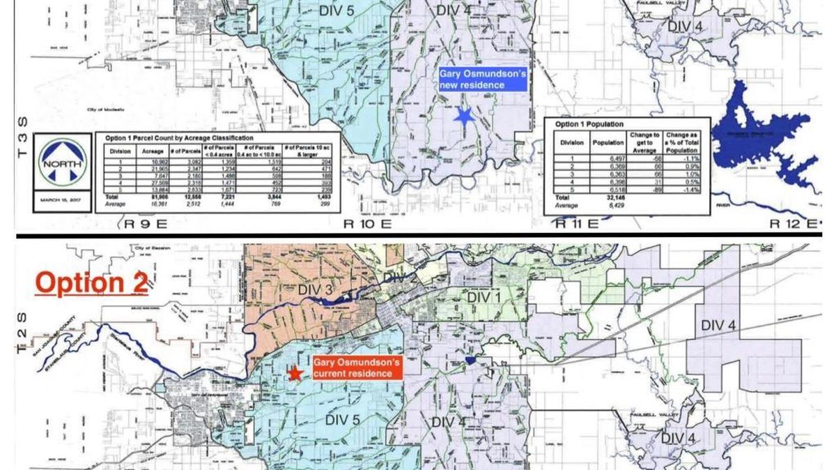 Here are options for new voting divisions in the Oakdale Irrigation District. Option 1 would force Gary Osmundson to leave the board when he moves to his new home. Option 2 configures the divisions so Osmundson could keep his seat.