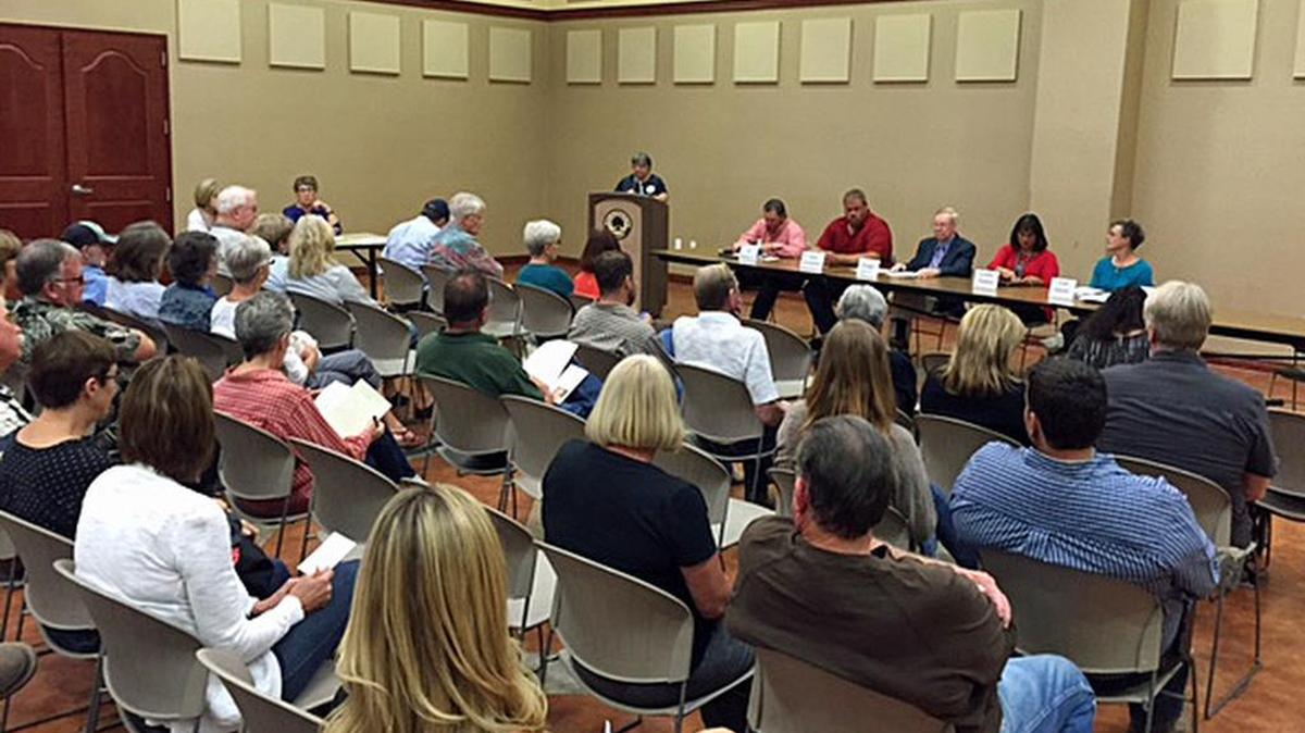 
Oakdale Irrigation District candidates, from left, Al Bairos Jr., Gary Omundson, Frank Clark, Linda Santos and Gail Altieri squared off in a debate on Tuesday, Sept. 29, 2015, in Oakdale, Calif. 
