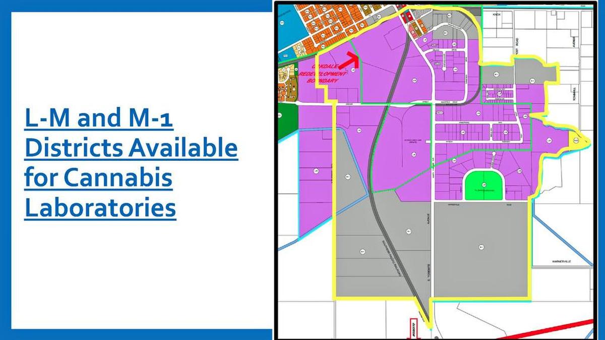 Marijuana manufacturing, cultivation and laboratory testing businesses will be confined to Oakdale’s limited industrial and light industrial districts, shown in violet and gray within the yellow boundary, on the south side of town.