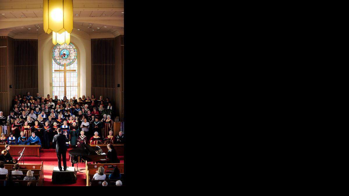 
A combined choir, made up of several other church choirs, performs during the 23rd annual Ecumenical Choir Concert to benefit Habitat for Humanity Stanislaus on Sunday at First United Methodist Church in Modesto. A freewill offering was taken during the concert with the entire collection to benefit Habitat for Humanity in Stanislaus County. This year’s concert conductor was Matt Cover.
