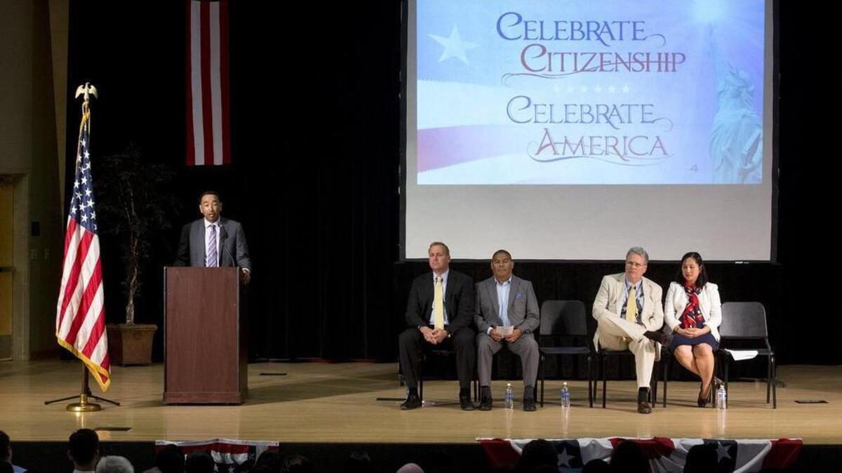 El Concilio CEO Jose Rodriguez gives the keynote address during a U.S. Citizenship and Naturalization ceremony at California State University, Stanislaus in Turlock.