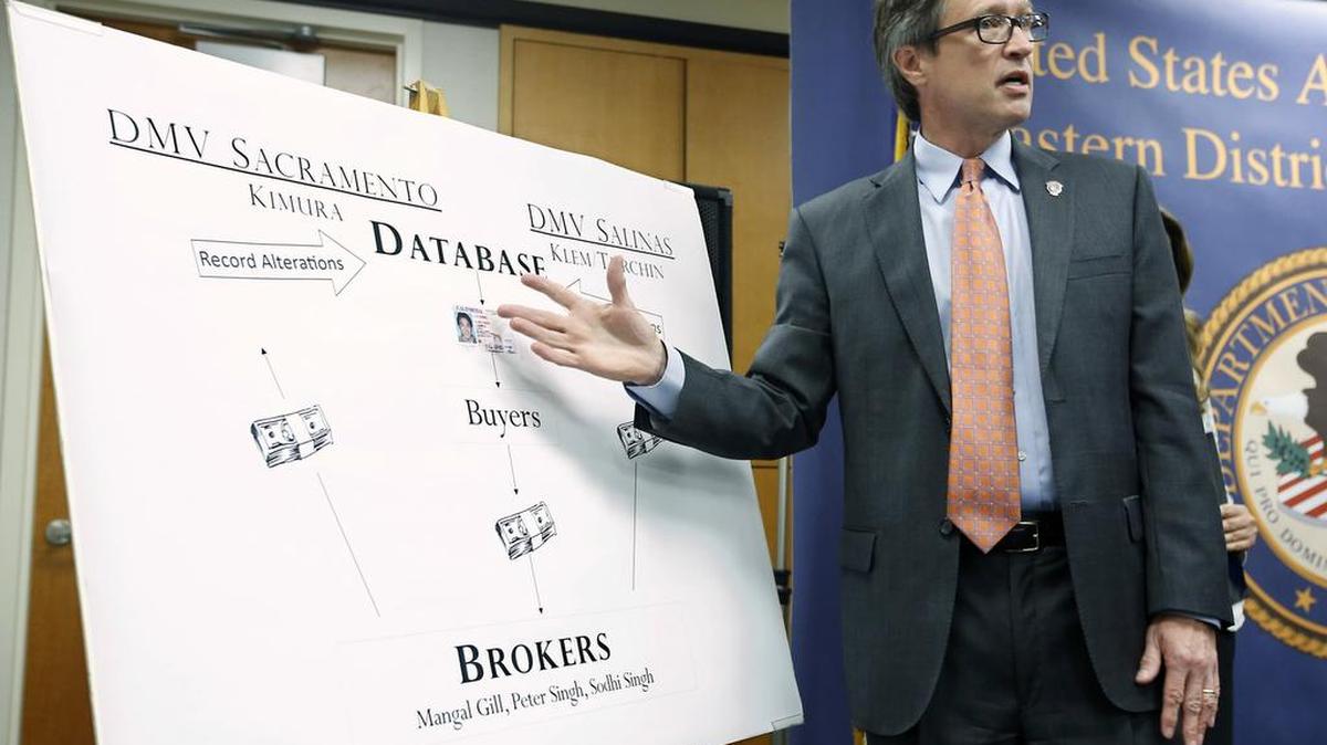 
Benjamin B.Wagner, United States Attorney for the Eastern District of California, gestures to a chart showing how California Department of Motor Vehicle employees were bribed for providing fraudulent California licenses to commercial truck drivers.

