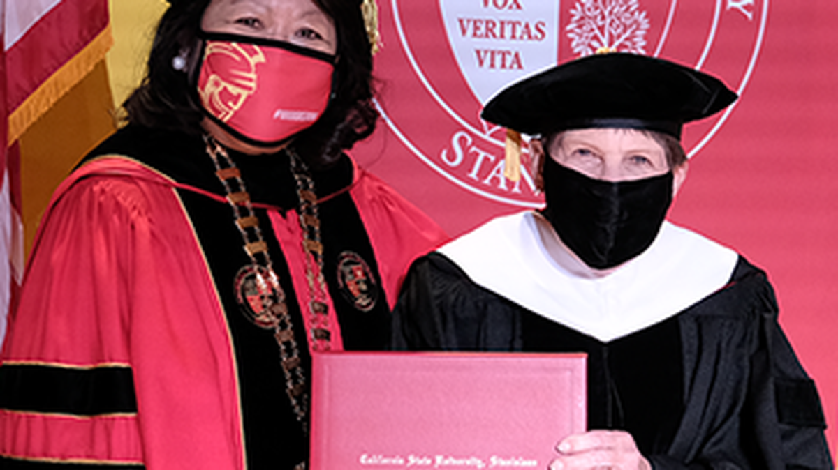 Modesto civic leader Kenni Friedman, right, received an honorary doctorate from President Ellen Junn at California State University, Stanislaus, on May 20, 2021.