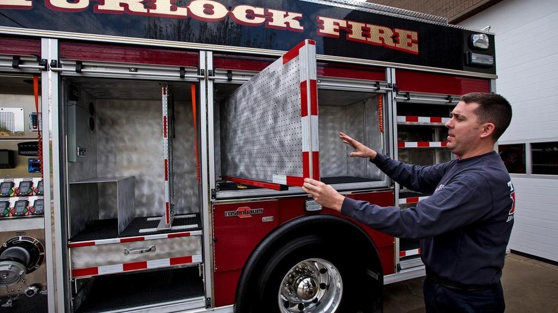 This March 2017 file image shows now-Turlock firefighters union president Chad Hackett with a 2016 Rosenbauer type one engine. The city is paying the union an estimated $125,000 to settle an unfair practice charge filed in August 2019.
