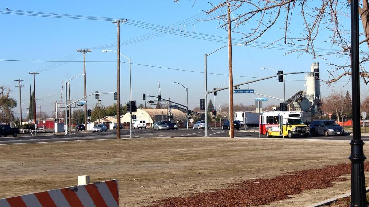 A $2 million dollar makeover is planned for the sprawling and awkwardly aligned intersection at Fulkerth Road and Golden State Boulevard, seen here from Turlock’s transportation hub on Wednesday. The Stanislaus County Fairgrounds sits on the southwest corner, upper left.