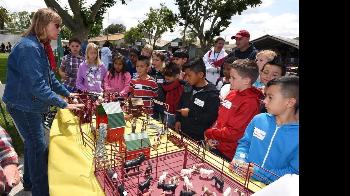 
Candy Cook Peterson of Cook Ranch talks to third-graders about raising cattle during Ag EdVenture Day at the Stanislaus County Fairgrounds in Turlock, Calif., on Friday. More than 1,000 third-graders from the Turlock area learned about farming and food processing during the event.

