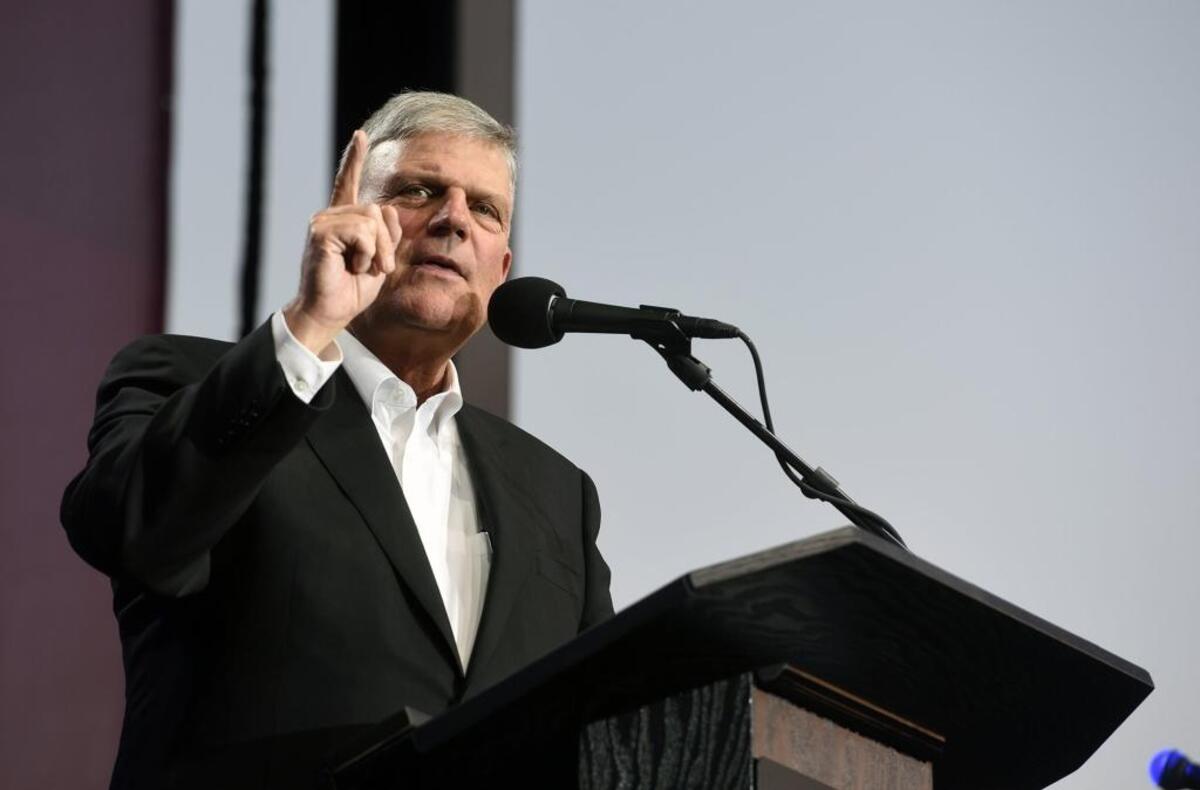 Christian evangelist Franklin Graham speaks at the Turlock Fairgrounds on Tuesday evening May 29, 2018.