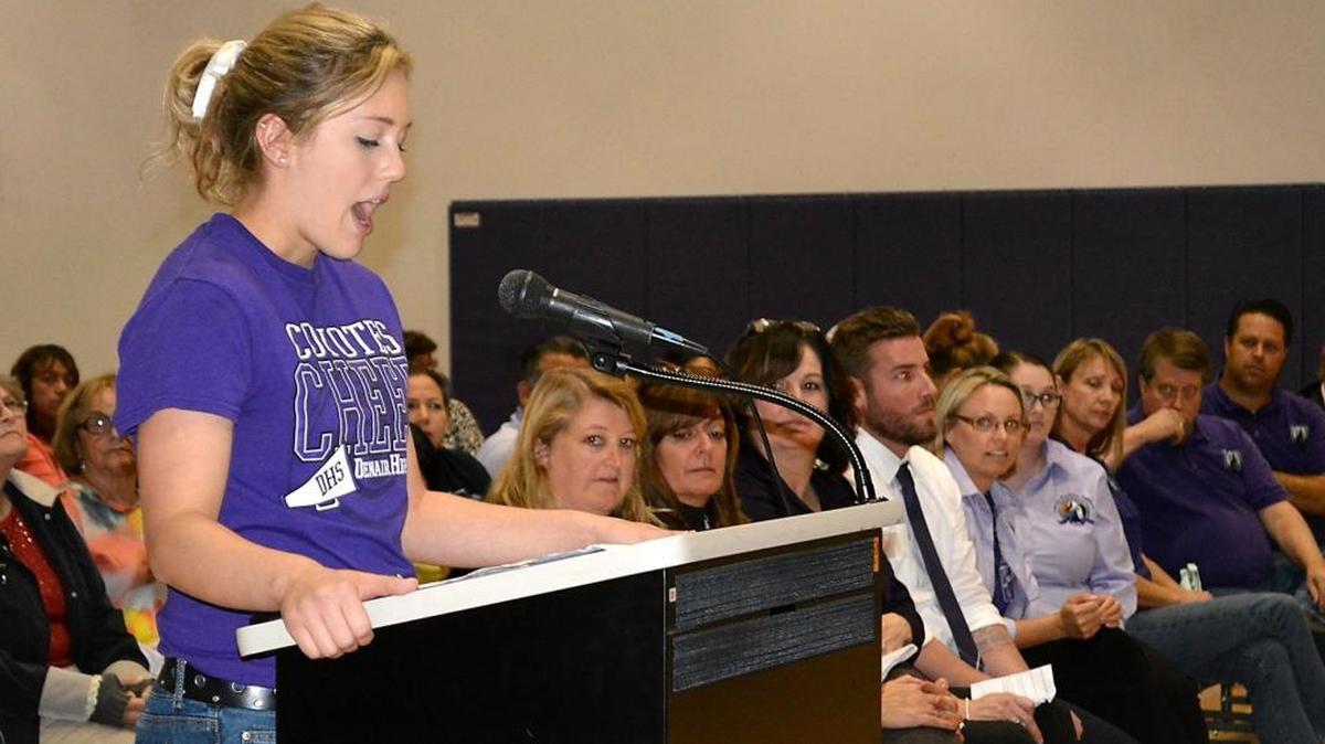 Denair High senior Taryn Fletcher speaks against a to move a school boundary line shared by Turlock Unified and Denair Unified in October at a Denair community meeting, the second of two held by a Stanislaus County panel of former school board members.