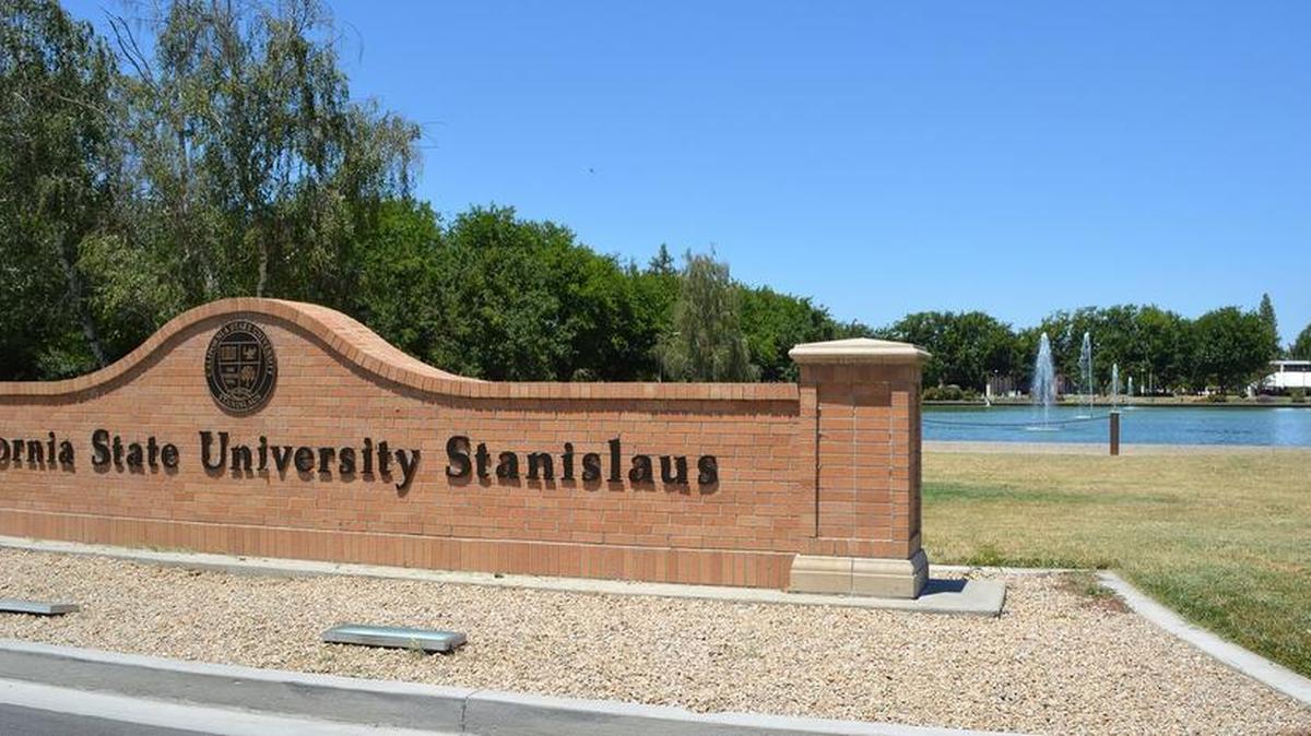 
The main entry to California State University, Stanislaus, in Turlock features a recycling pond. .
