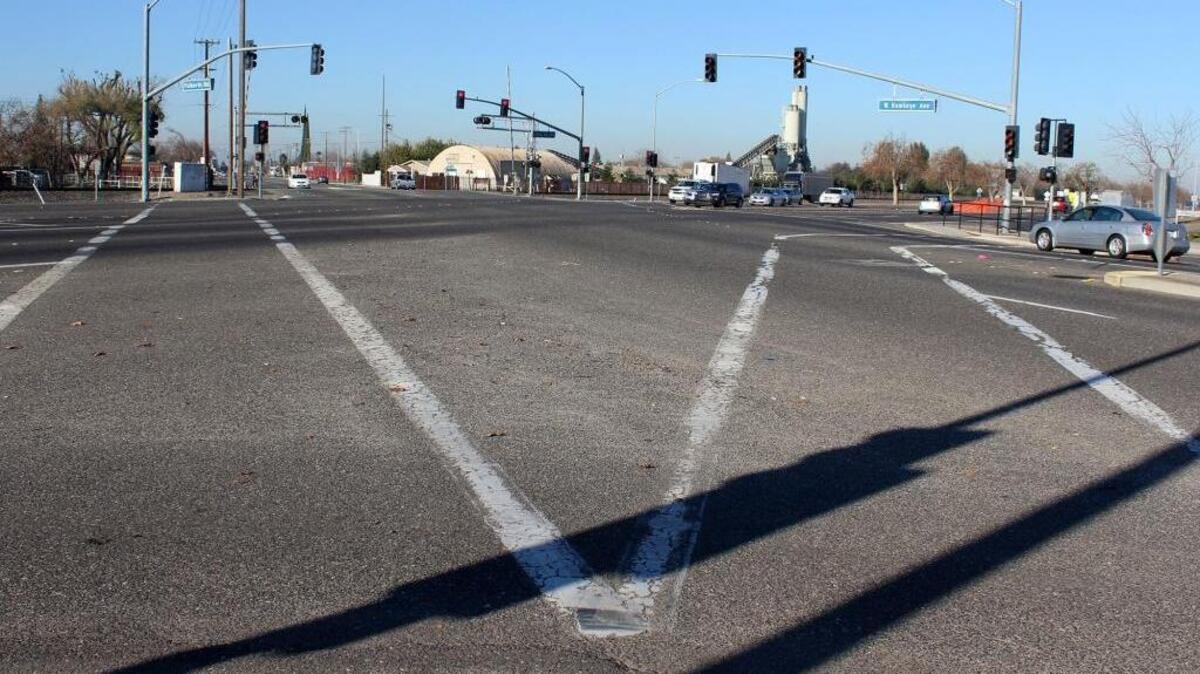 A $4 million, six-month makeover is planned for the sprawling and awkwardly aligned intersection at Fulkerth Road and Golden State Boulevard, seen here from Turlock’s transportation hub Dec. 28, 2016. The Stanislaus County Fairground sits across the street, upper left.