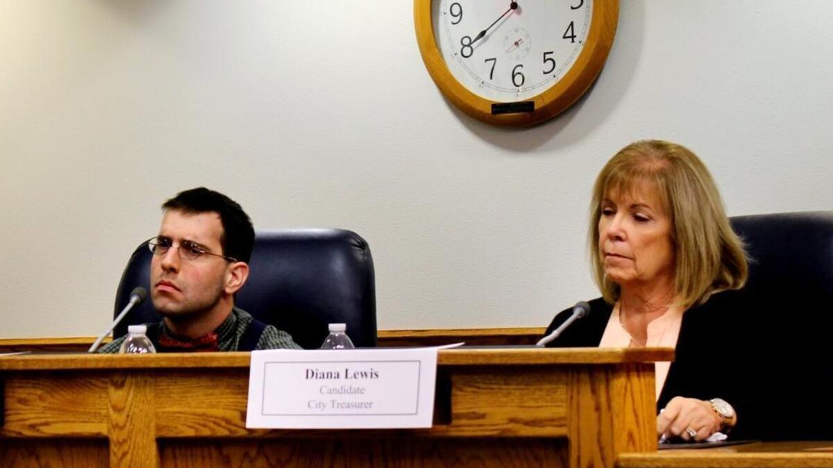 The candidates for Turlock treasurer, incumbent Diana Lewis and challenger Alex Paul Kiehl, each gave a brief statement and here listen to City Council candidates during a League of Women Voters candidates forum on Wednesday, Oct. 5, 2016, in Turlock, Calif.