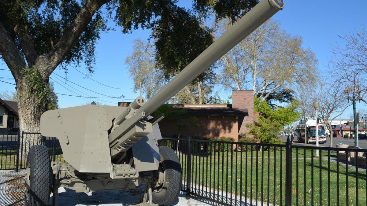 Turlock’s cannon in Central Park was dedicated Nov. 11, Veterans Day, in 2016. The105 mm Howitzer Artillery Cannon weighs 5,000 pounds and spans 19 feet in length. It stood for decades at the Turlock War Memorial Building, and moved after the building was sold in 2015 to Turlock Irrigation District.