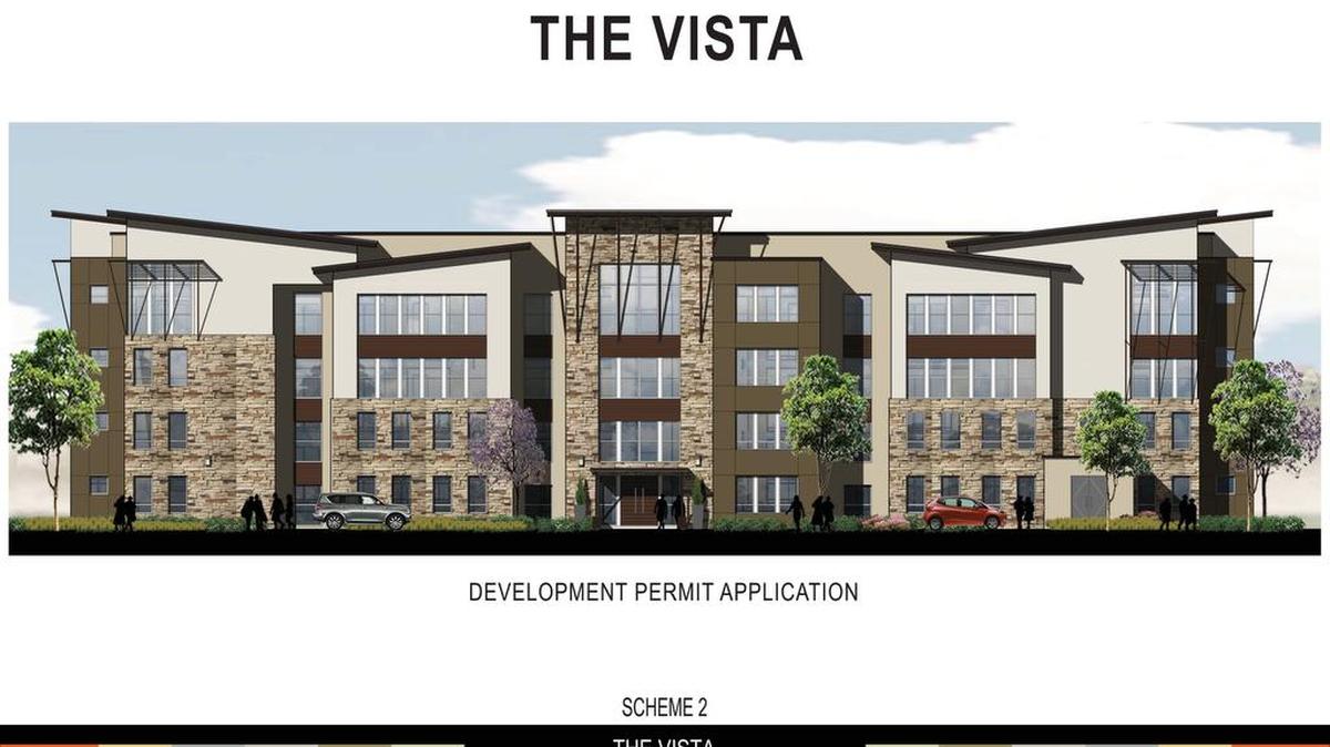 
An architectural rendering shows The Vista, a four-story student housing complex proposed for Monte Vista Avenue facing California State University, Stanislaus.

