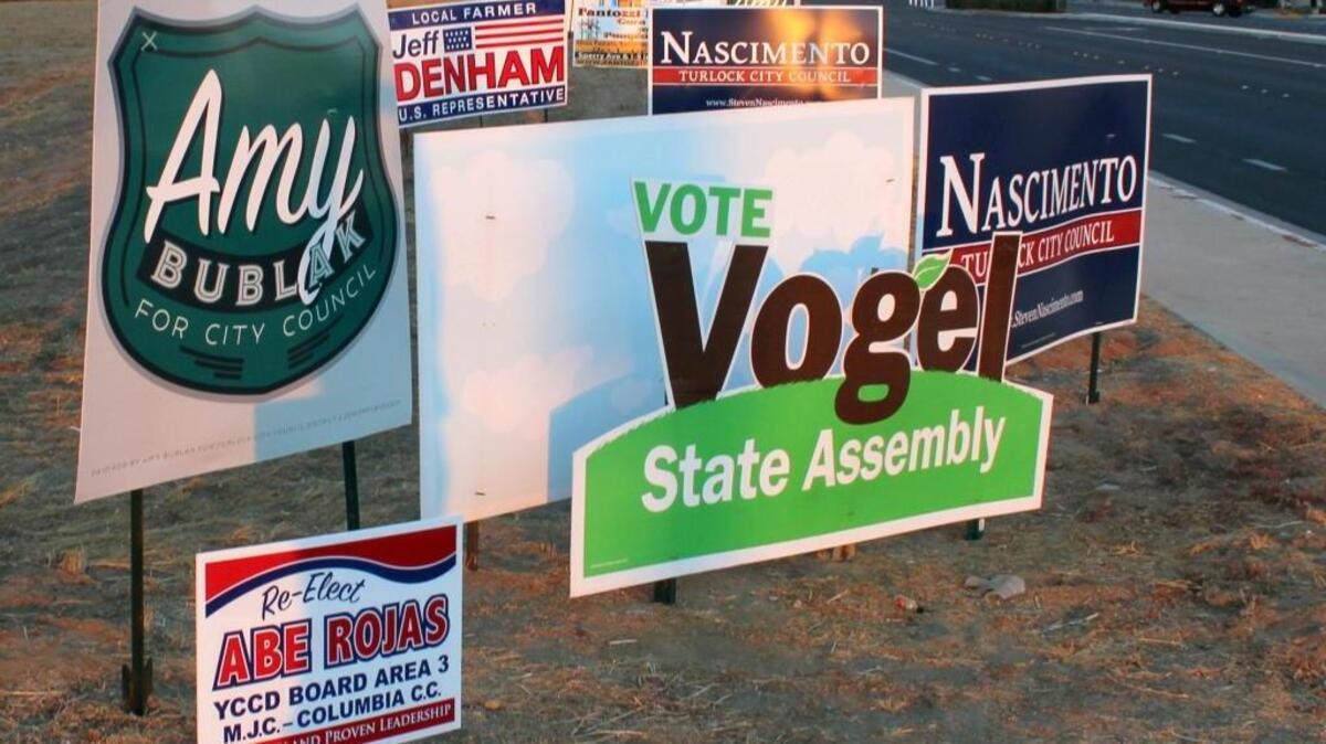 Drivers passing the well-traveled intersection of Monte Vista Avenue and Geer Road in Turlock are greeted by a busy array of campaign signs for causes and candidates, including the Turlock City Council race, even though the intersection lies in District 3, which is not electing a representative this year.