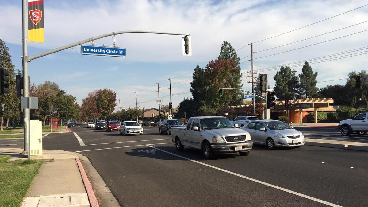 Scene of a pedestrian fatal accident on Monte Vista Avenue near University Circle in Turlock, Calif.