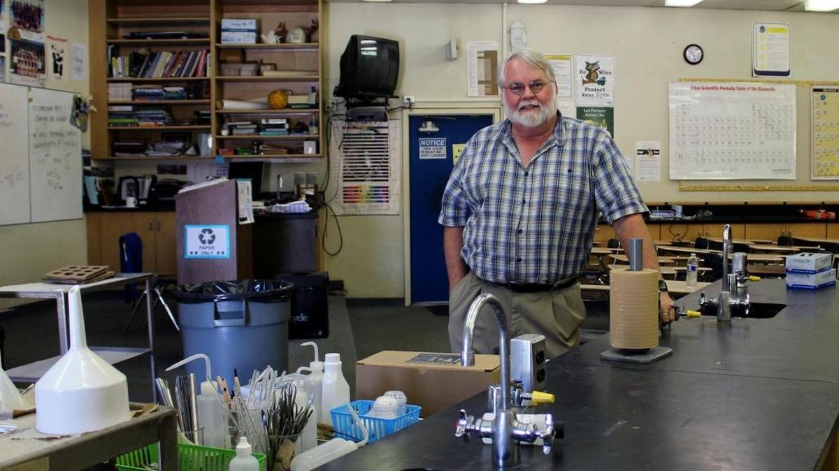 Retired Turlock High science teacher Eric Julien stands in September in his old science room, the only fully equipped lab classroom in the 2,200-student school in Turlock, CA. Julien led the successful pro-bond campaign, which included a push for new science labs at THS and security fences for elementary campuses.