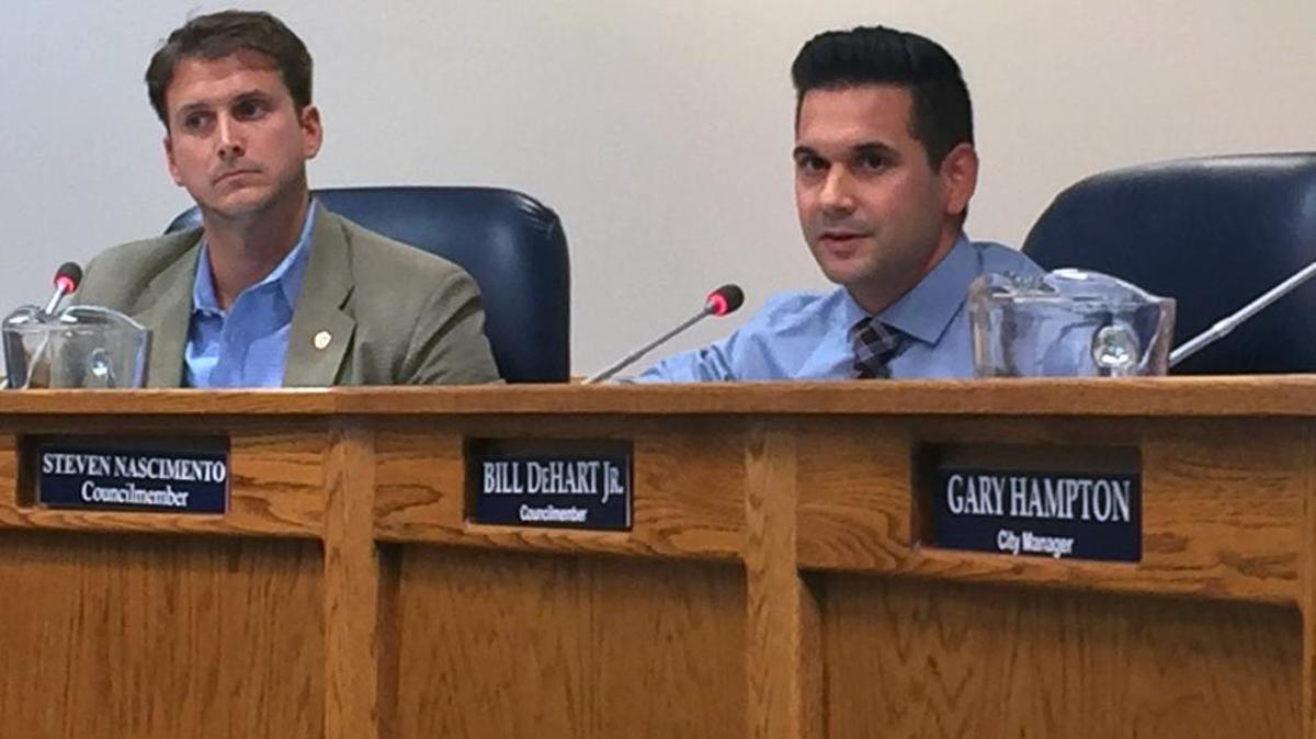 Turlock City Councilman Steven Nascimento, right, makes a point about the downtown farmers market beside Mayor Gary Soiseth on Tuesday, Aug. 9, 2016, in Turlock. The two men came down on opposing sides of an earlier dispute when the current vendor gained the Main Street site, booting the longtime community farmers market after a hard-fought controversy.