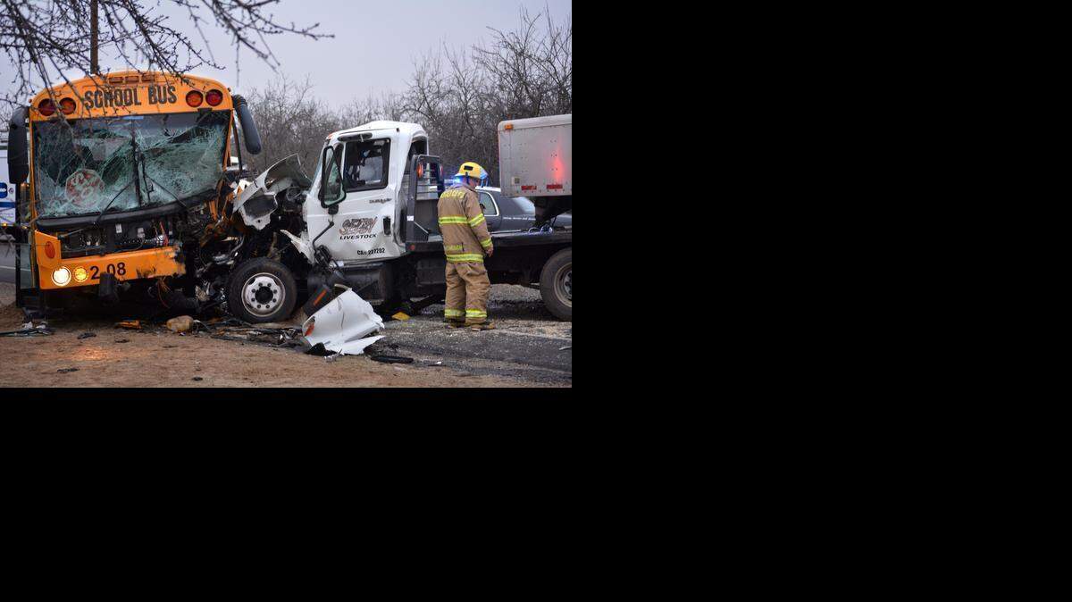 
One person died and another suffered moderate injuries when a tractor-trailer carrying cattle collided with a school bus, with only a driver aboard, on Highway 165 south of downtown Hilmar in Merced County early Thursday morning.  Four calves were also killed in the incident.
