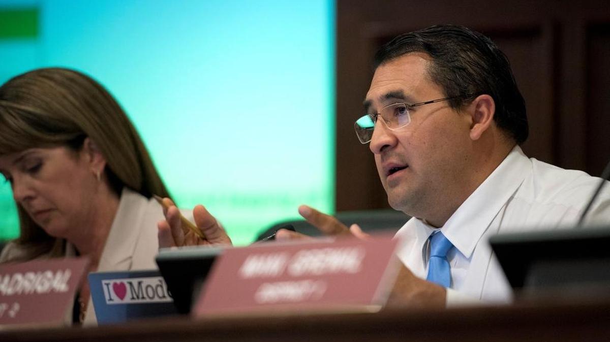 Council member Tony Madrigal talks during a 2016 Modesto City Council meeting.