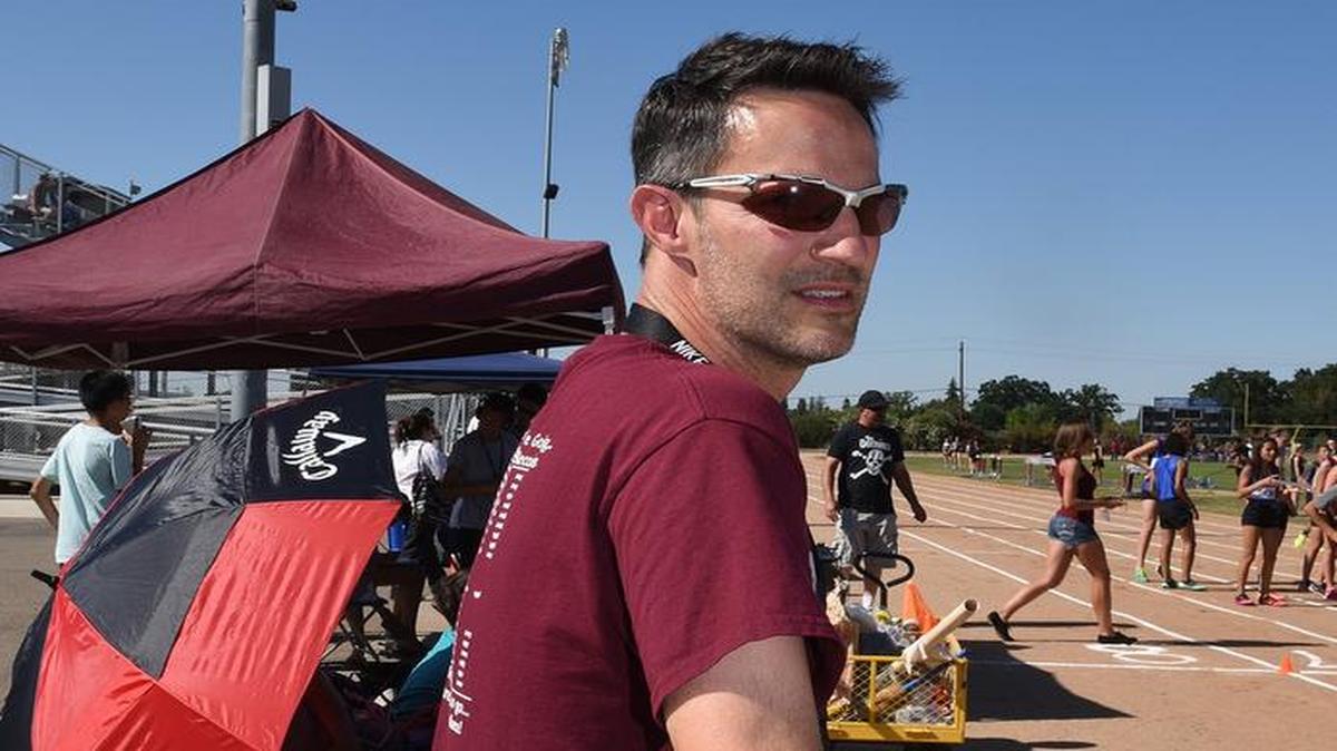 
Monte Wood is pictured last month near the track at Riverbank High School in Riverbank. The Riverbank Unified School District board approved a $1.8 million contract to build an all-weather synthetic track for its championship track and field teams.
