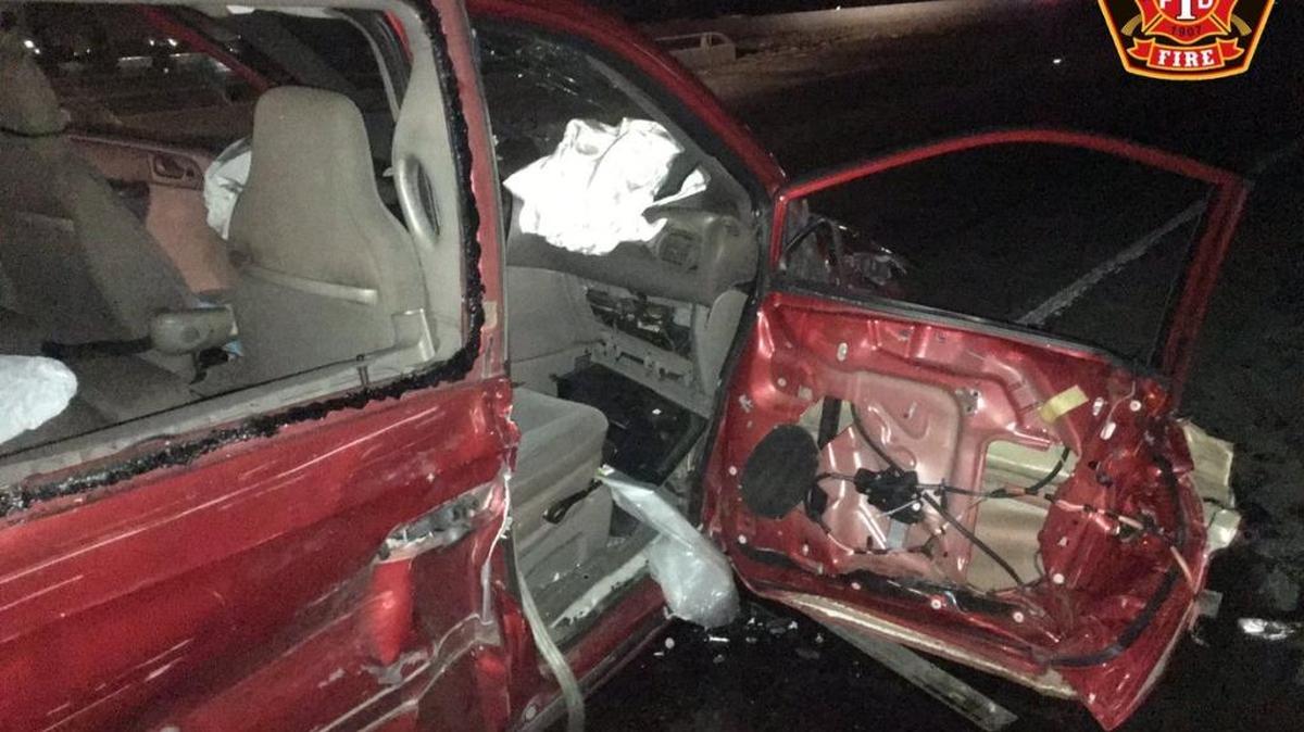 Firefighters had to free one person pinned-inside one of the vehicles that crashed along Highway 99 in Turlock early Sunday (May 21, 2017).