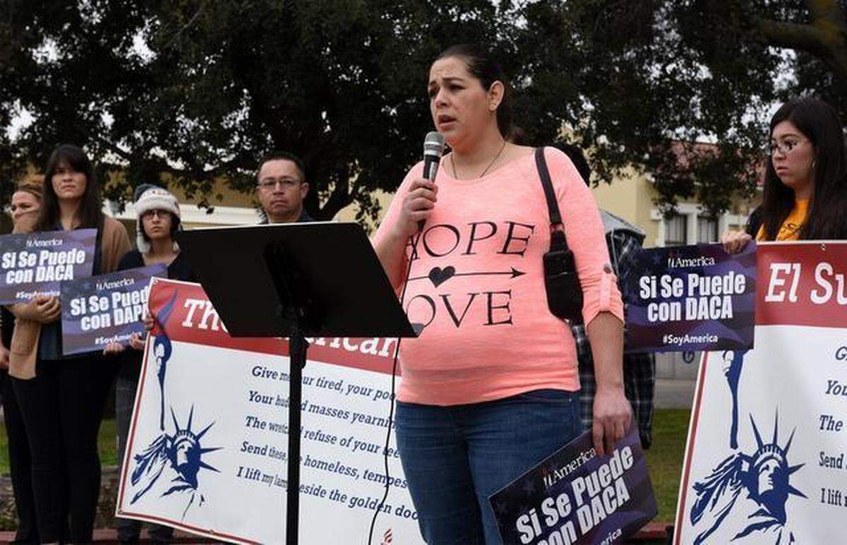 FILE PHOTO - Gloria Sanchez of Modesto, who came to this country with her family when she was 14 from Michoacan, Mexico, speaks at the news conference Tuesday Feb. 17, 2015, at Modesto Junior College’s east campus. She applied for U.S. legal resident status 13 years ago, and she’s still waiting for a response from the federal government.