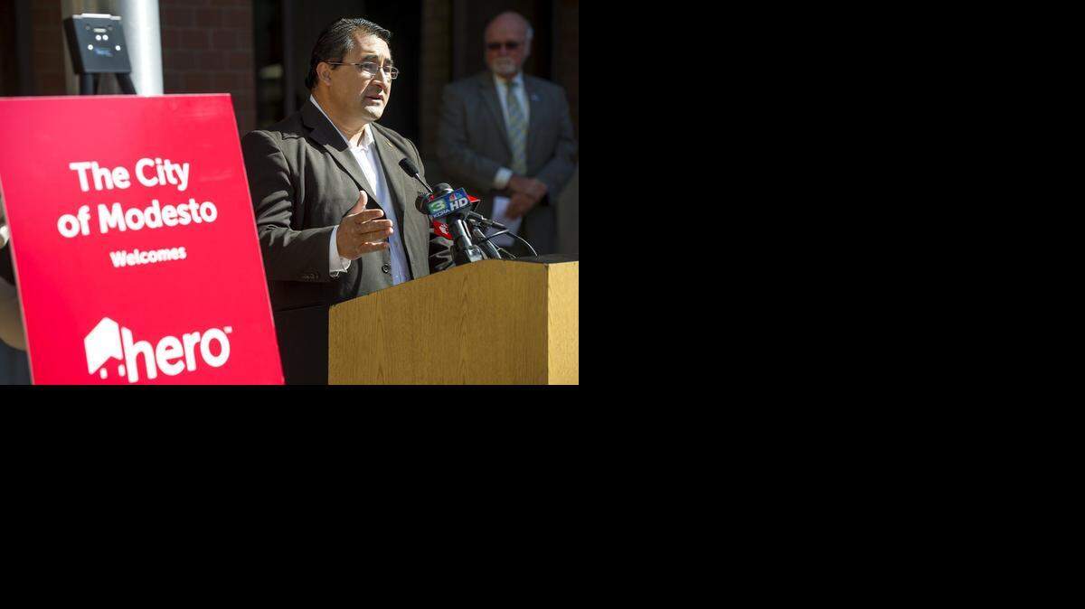 
Modesto City Councilman Tony Madrigal speaks about how the Home Energy Renovation Opportunity program will impact city residents at a news conference Monday in Modesto. The HERO program helps home and business owners finance water and energy-saving projects.
