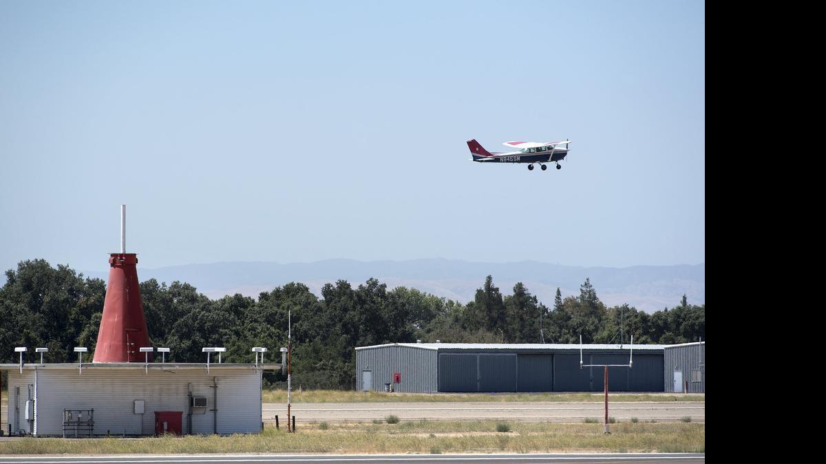 
A small airplane takes off at Modesto Airport on Tuesday.
